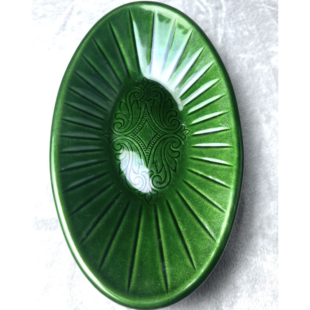 Vintage Evans Elegance Emerald Green Enamelware Raised Oval Catchall Vanity Tray